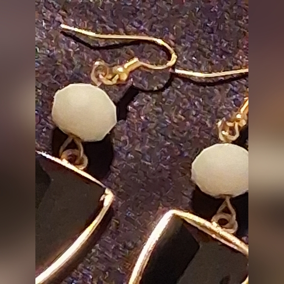 Black Geometric, Gold Over 925 Dangle Hooks Earrings . - Picture 3 of 9